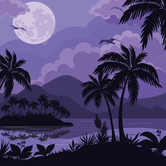 Tropical sea landscape with moon and palm