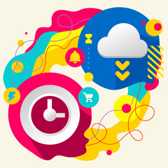 Clock and cloud on abstract colorful splashes background with di