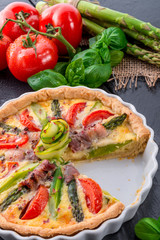 green asparagi Tart with eggs and tomato