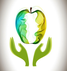 Green abstract apple and hands