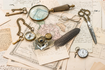 antique accessories, old letters and postcards