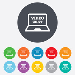 Video chat laptop sign icon. Web communication.