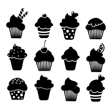 Set of black cupcakes icons, vector isolated  illustrations
