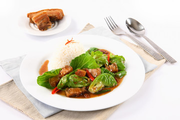Stir fried kale with crispy pork - chinese food