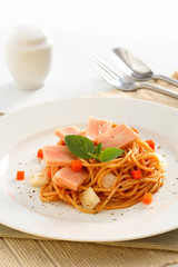 Fried Spaghetti with ham and sausage, Spicy fusion Thai food