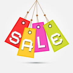 Colorful Sale Tags - Labels Hang on Rope on Grey Background