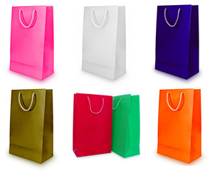 Collage of paper bags isolated on white.