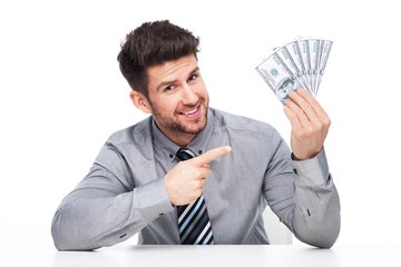 Man pointing plenty of cash money