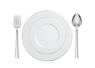 white plate, spoon and fork isolated on white