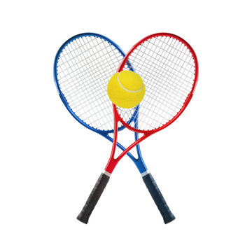 Blue and red tennis rackets and ball isolated white background