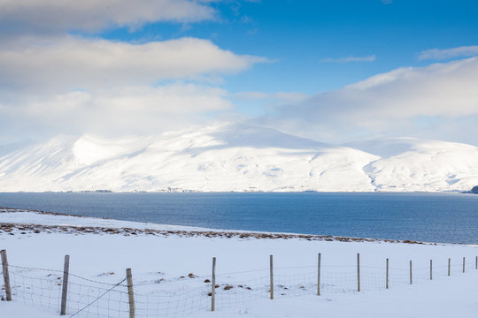 Winter drive through volcanic landscape
