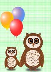 Karte 2 Eulen mit Lufballons auf grün kariert