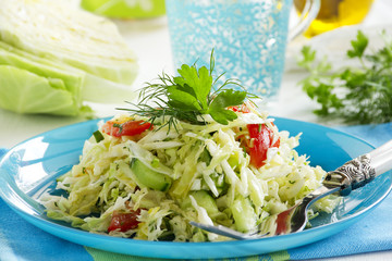 Young cabbage salad with cucumbers and tomatoes.