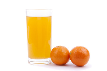 Oranges and juice on a white background.