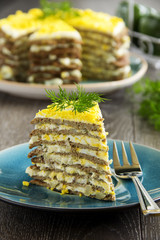 Cake pancakes from the liver with eggs and greens.