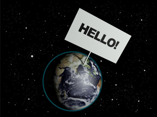Message board on earth with the text word Hello.