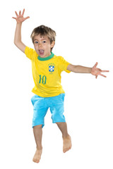 Brazilian Boy, jumping, yellow and blue