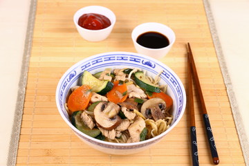 Chicken meat, china noodle, zucchini, carrots, mushroom