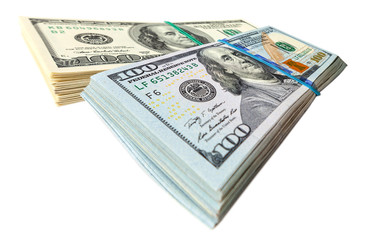 Pile of one hundred dollar bills isolated on white background
