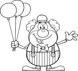 Black and White Funny Clown Character With Balloons And Waving