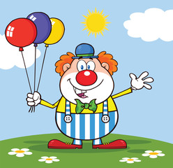 Funny Clown Cartoon Character With Balloons And Waving On Meadow