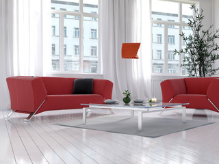 Sunny light living room interior with red couch and floor lamp