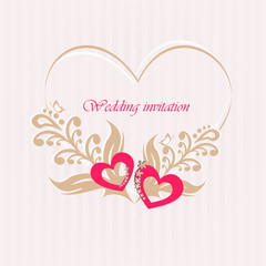 Wedding invitation card with decorative hearts.