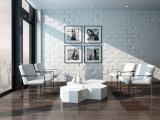 Minimalist living room interior with white brick wall and chairs