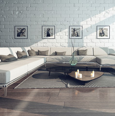 Nice living room interior with couch and brick wall