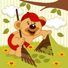 teddy bear sweeps lawn -  vector illustration