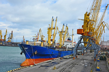 Fototapeta premium Bulk cargo ship under port crane bridge, Odessa, Ukraine