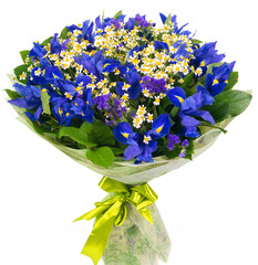 Bouquet of blue iris and daisy flowers isolated on white background