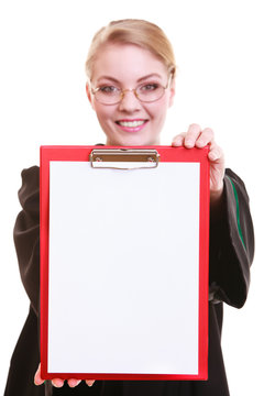Woman lawyer attorney in polish gown holds clipboard blank sign