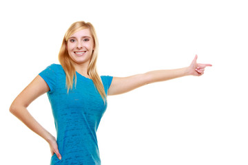 Fototapeta premium Portrait casual smiling girl female student pointing showing