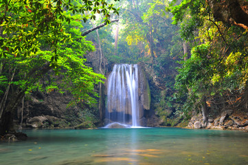 Deep forest waterfall at Erawan waterfall National Park
