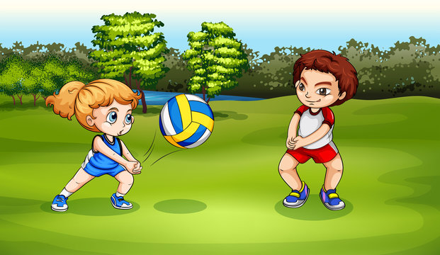 A girl and a boy playing volleyball