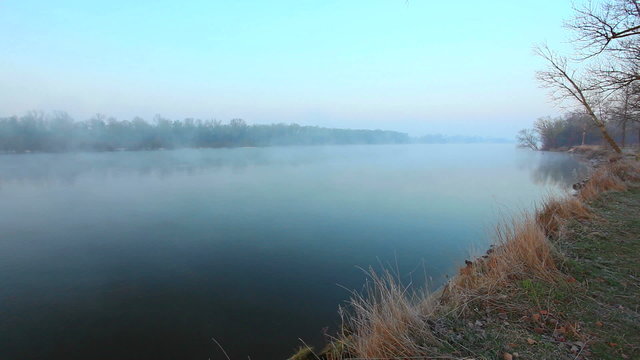 River mist. Beautiful morning landscape. Time lapse