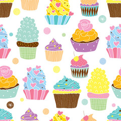 Cute cupcakes. Vector seamless pattern.