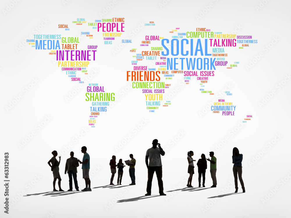 Wall mural silhouettes of people and social networking words - Wall murals