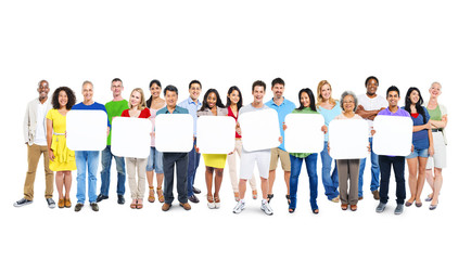 Obraz premium Group Of People Holding 8 Empty Placards