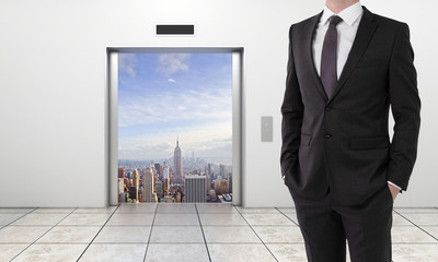 elevator with opened door to city