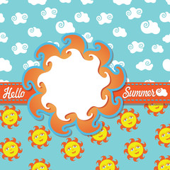 Design template Hello summer with cartoon sun and clouds