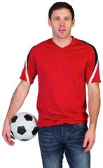 Football fan in red holding ball