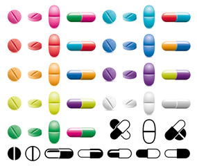 vector collection of pills, capsules and black and white symbols