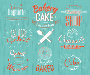Bakery characters in retro style lettering donuts, croissants,
