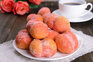 Delicious cookies peaches on table close-up