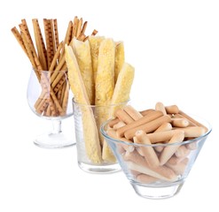 Bread sticks in glasses isolated on white