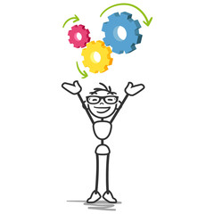 Cheering stick man with colorful cog symbols