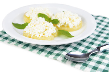 Tasty pineapple with cottage cheese, isolated on white