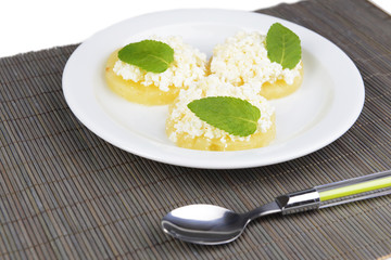 Tasty pineapple with cottage cheese, close up